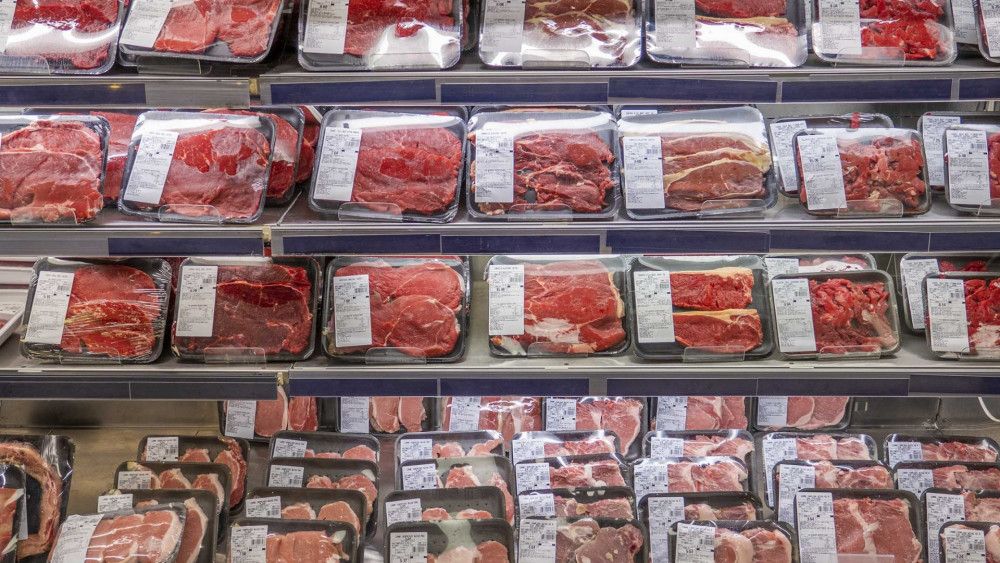 US Meat producers/small business display raw meat products on the shelves in a supermarket